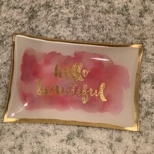 Hello Beautiful Glass Foiled Trinket Jewelry Dish Gold and Pink Decor Tray NWT